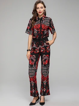 MoaaYina Летние Модные Дизайнерские Женские брюки с винтажным принтом, хрустальный отложной воротник на пуговицах + Широкие брюки с высокой талией