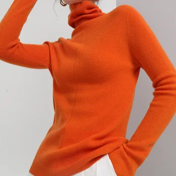Оранжевые вязаные свитера с длинными рукавами для девочек, зимний вязаный топ, женские бесшовные свитера с высоким воротом, женские зеленые пуловеры с высоким воротом