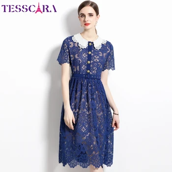 Женское летнее элегантное кружевное платье TESSCARA Festa, высококачественное коктейльное платье для вечеринки, женское винтажное дизайнерское бело-голубое платье Vestidos