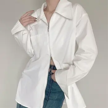 HOUZHOU, белые рубашки оверсайз на молнии, женские элегантные эстетичные, Корейская мода, Весенне-синяя крутая блузка, Женская уличная одежда, эстетичная