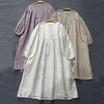 Johnature 2023, Весенние Новые винтажные женские платья из хлопка и льна, Японское свободное лоскутное однотонное повседневное женское платье с галстуком