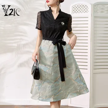 Y2K дизайнер одежды для подиума с V-образным вырезом, винтажные элегантные жаккардовые платья миди с коротким рукавом для женщин, летнее кружевное платье с пайетками, женское платье
