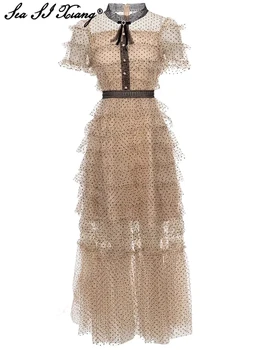 Seasixiang Модное дизайнерское весенне-летнее женское сетчатое платье в горошек с воротником-стойкой, коротким рукавом и оборками на пуговицах, винтажные платья