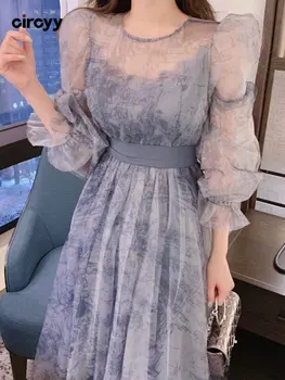 Женские платья Circyy с круглым вырезом и длинным рукавом, винтажное платье миди в стиле пэчворк, сексуальная элегантная женская одежда с оборками, новинка весны 2023 года