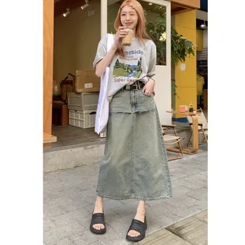 Ностальгическая длинная джинсовая юбка нерегулярного кроя, женская винтажная уличная одежда в корейском стиле, раздвоенная, свободного кроя, без пояса, модная юбка