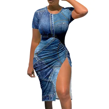 Модное облегающее платье с принтом из искусственного денима, сексуальное платье с высоким разрезом, женское Летнее платье-сарафан с короткими рукавами, халат, облегающие платья