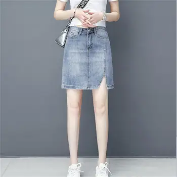 Бесплатная доставка 2021 Новая женская Летняя джинсовая юбка с разрезом трапециевидной формы, Темпераментная Свободная повседневная юбка-сумка на бедрах