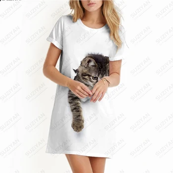 2023 Новое весенне-летнее женское платье с милым котом, пляжное платье с 3D принтом, пуловер с круглым вырезом и коротким рукавом, повседневное платье трапециевидной формы