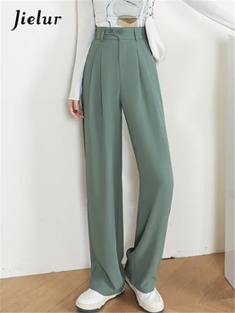 Jielur, Новые зеленые Широкие женские брюки, весна-осень, Высокая талия, пуговицы, Элегантный минимализм, Офисные брюки в готическом стиле
