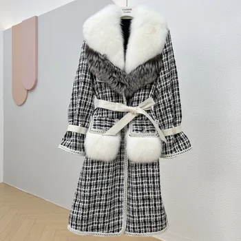 Зимнее пальто Женское с воротником из натурального лисьего меха, кашемирово-шерстяные смеси, Длинная верхняя одежда, женская уличная одежда 2023 года выпуска