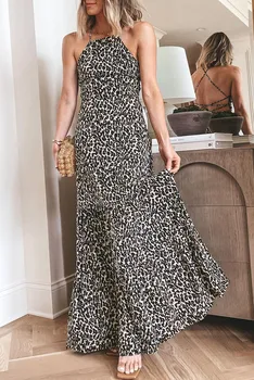 Женское Летнее Пляжное платье Макси с леопардовым вырезом на бретельках и завязками на спине