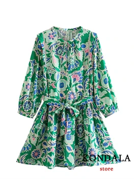 KONDALA, Зеленое Женское платье-рубашка трапециевидной формы с винтажным принтом, Мода 2023, Лето, Кружевной пояс с длинным рукавом, Шикарные Повседневные Мини-праздничные платья