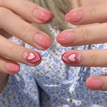 Накладные ногти в виде сердца, накладные ногти градиентного розового цвета, накладные ногти Love для женщин и девочек, искусственные ногти, съемные накладные ногти