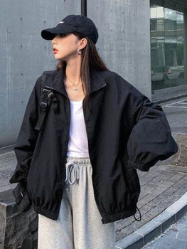 Deeptown Harajuku, женская куртка-карго на молнии, винтажные повседневные пальто BF с длинным рукавом, университетская куртка Оверсайз с воротником-стойкой, уличная одежда