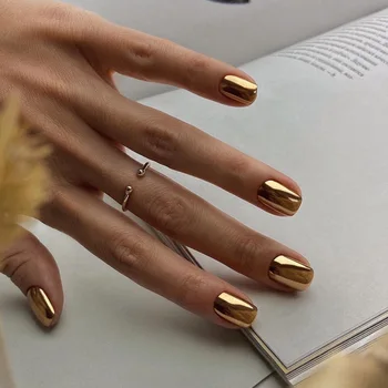 24шт Золотые зеркальные накладные ногти с глянцевой квадратной головкой, накладные ногти для женщин, Носимые принадлежности для декора ногтей, нажимные наконечники для ногтей