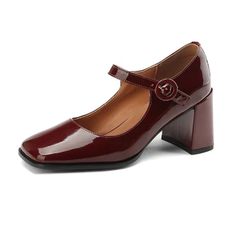 2023 Новые женские туфли Mary Jane Летние туфли на массивном каблуке с квадратным носком и пряжкой на ремне винно-красного цвета Женские туфли в модном стиле роскошная обувь