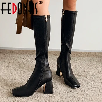 FEDONAS/ зрелые Элегантные женские сапоги до колена на толстом высоком каблуке с боковой молнией, вечерние высокие сапоги, осенне-зимняя женская обувь с квадратным носком