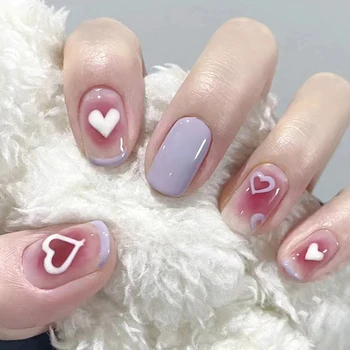 24шт Милые Короткие Накладные Ногти Taro Purple Love Heart Накладные Ногти для Женщин Девочек Искусственные Ногти Поддельные Кусочки Ногтей Наклеиваются На Ногти