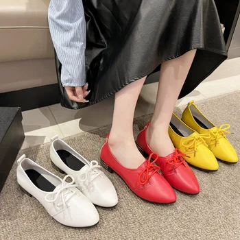 Новые женские туфли на плоской подошве 2023, осенняя повседневная обувь, удобная мягкая женская обувь с острым носком, уличная обувь для ходьбы на плоской подошве со шнуровкой