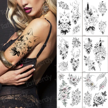 эскизы татуировок, 6 шт. / лот, наклейка с татуировкой в виде лисы и розы, женские сексуальные татуировки на теле, большой размер, водонепроницаемая наклейка