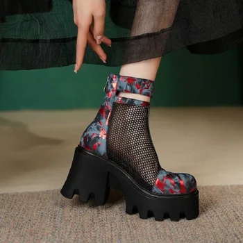 Летние новые крутые ботинки на толстом каблуке с сеткой на высоком каблуке, выдолбленные из марли, женские кожаные ботильоны British wind mesh boots