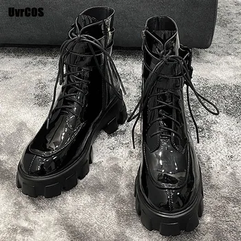 Черные женские ботинки Martin, осень-зима 2022, новый толстый бисквит, короткие ботинки из лакированной кожи с боковой молнией, мотоциклетные ботинки