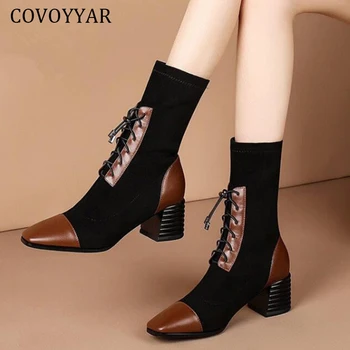 Женские ботинки COVOYYAR на среднем каблуке 2023, осенне-зимняя женская обувь, эластичные пинетки, женские туфли-лодочки, Размер 40 WBS4071