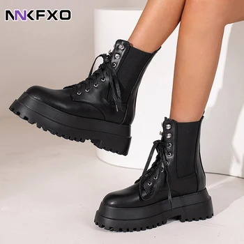 Зимние модные ботинки на платформе, ботильоны в стиле панк со шнуровкой из искусственной кожи, женские армейские черные ботинки с мягким круглым носком, женская обувь