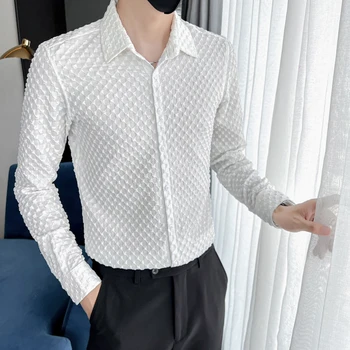 Мужские рубашки с 3D волновой точкой, весна 2023, повседневные рубашки с длинным рукавом, приталенные деловые рубашки для светской жизни, Уличная мужская одежда