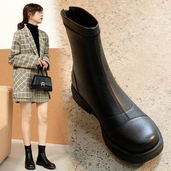 Осенне-зимние женские ботильоны 2022 года из натуральной кожи 22-25 см, верхняя часть из воловьей кожи сзади, эластичные узкие ботинки на молнии, женская обувь