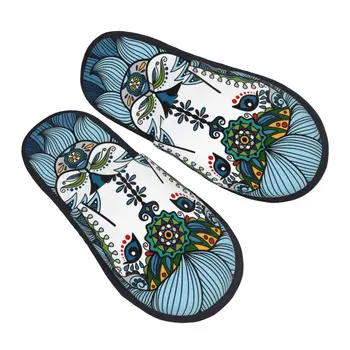 Домашние теплые тапочки с голубой львиной головой в этническом цветочном стиле, зимние домашние плюшевые тапочки, модные домашние мягкие пушистые тапочки