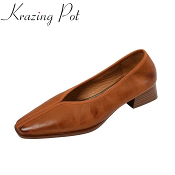 Krazing Pot Размер 41 Весенняя обувь из натуральной кожи с квадратным носком на среднем каблуке Роскошные Французские романтические туфли-лодочки в стиле ретро
