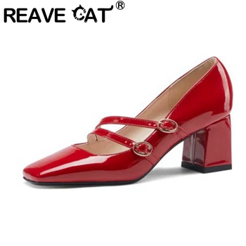 REAVE CAT / Новинка 2021 года, женские туфли-лодочки с квадратным носком на блочном каблуке 6,5 см, пряжка из лакированной кожи, Mary Jane Classic, большие размеры 31-48, повседневные, A3481