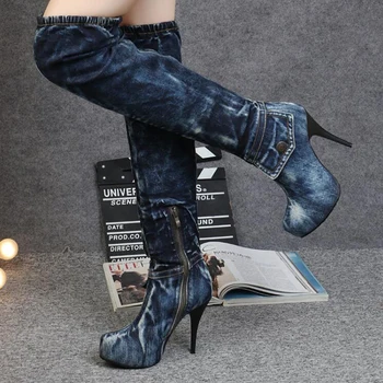 Новые джинсовые сапоги до колена, сапоги-стрейч на тонких ножках, изящные туфли на высоком каблуке с круглым носком и водонепроницаемая сексуальная женская обувь
