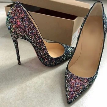 Пикантные женские туфли на высоком каблуке-шпильке с блестками, 12 см, 10 см, 8 см, без застежки, праздничная обувь для вечеринок