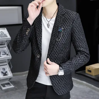Мужской пиджак-блейзер, новое Корейское вечернее платье, блейзер, приталенный, индивидуальный, Черный пиджак с принтом, Модный бренд мужской одежды