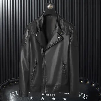 Осеннее мужское модное пальто с лацканами, повседневная черная кожаная куртка, мотоциклетная байкерская куртка на молнии, повседневная верхняя одежда