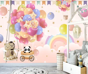 Пользовательские мультяшные обои в скандинавском стиле с ручной росписью, воздушный шар, маленькое животное, облако, фон детской комнаты, обои для стен