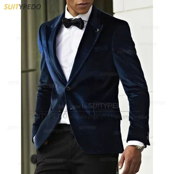 Темно-синие бархатные блейзеры для мужчин, модный приталенный пиджак на 2 пуговицы, 2023, роскошный выпускной Деловой Свадебный смокинг, пальто, 1 шт.