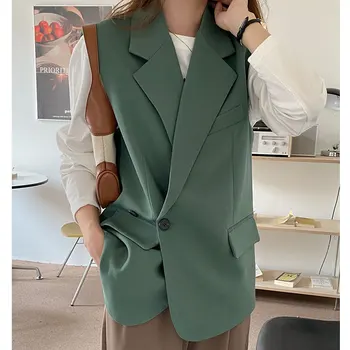 Зеленый женский костюм, жилет, уличная одежда, Однотонный воротник от портного, Жилеты на двух пуговицах, Весенние новинки 2023, стильные офисные женские колеты