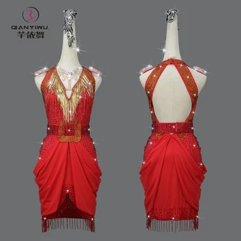 Красное профессиональное платье для латиноамериканских танцев, сексуальная женская юбка для бальных танцев на заказ, линия одежды с бахромой для выпускного вечера, миди-одежда для занятий в кабаре