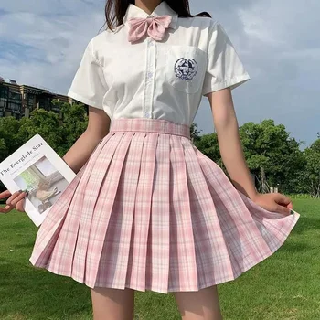 Летняя женская мини-юбка Harajuku, Корейская мода, милая юбка Kawaii для девочек, клетчатая плиссированная юбка с высокой талией, Розовая юбка для девочек