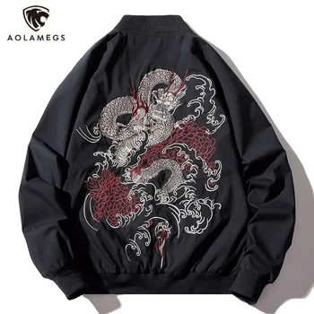 Aolamegs Уличная Мужская куртка Dragon Flowers С Японской Вышивкой, пальто для Будущих мам, Уличная Бейсбольная форма в стиле Хип-Хоп, Верхняя одежда