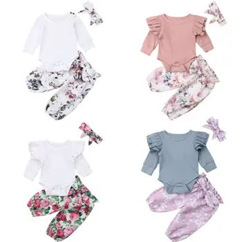 Комплекты одежды для новорожденных девочек и мальчиков, однотонный комбинезон с длинными рукавами, штаны с цветочным принтом, повязка на голову, наряды, горячая одежда