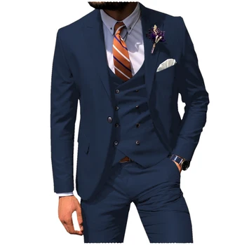 Темно-синий Облегающий Мужской модный костюм Cutsom из 3 частей для жениха на выпускной, свадебный Смокинг на заказ, Мужской костюм с брюками