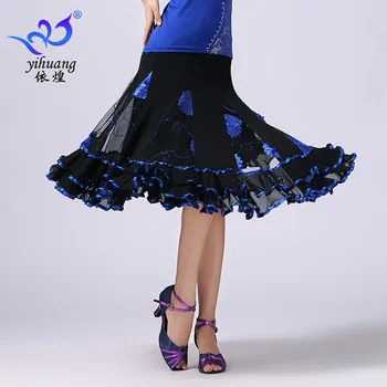 1 шт./лот, женская юбка для вальса длиной до колена, женская современная юбка для бальных танцев с цветочным рисунком