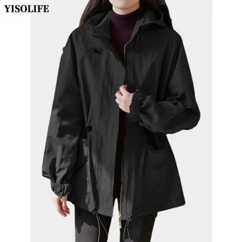 Женская куртка YISOLIFE с длинными рукавами, куртка с капюшоном и поясом на шнурке, пальто весна-осень