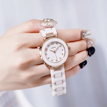 OUPAI Роскошные женские часы с бриллиантами и керамикой Простой Оригинальный дизайн Белые керамические женские часы Водонепроницаемые студенческие популярные часы Ins