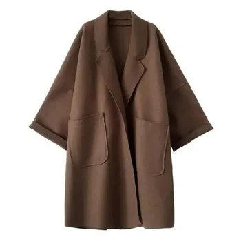 Осеннее модное шерстяное пальто минималистичного силуэта для женщин средней длины, корейская версия, шерстяное пальто большого размера для похудения, тренд