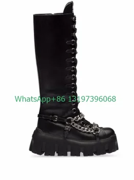 Женские черные сапоги до колена в стиле панк, сапоги на плоской шнуровке с цепочкой, сапоги в богемном стиле с металлическим дизайном, новое поступление, ботинки, размер обуви 34-46